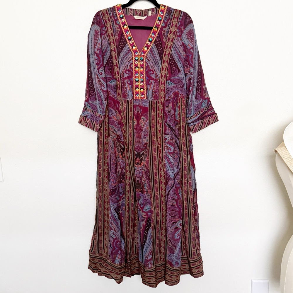 Soft Surroundings Mira Purple Paisley Embroidered Southwest Boho Maxi Dress - Picture 5 of 12